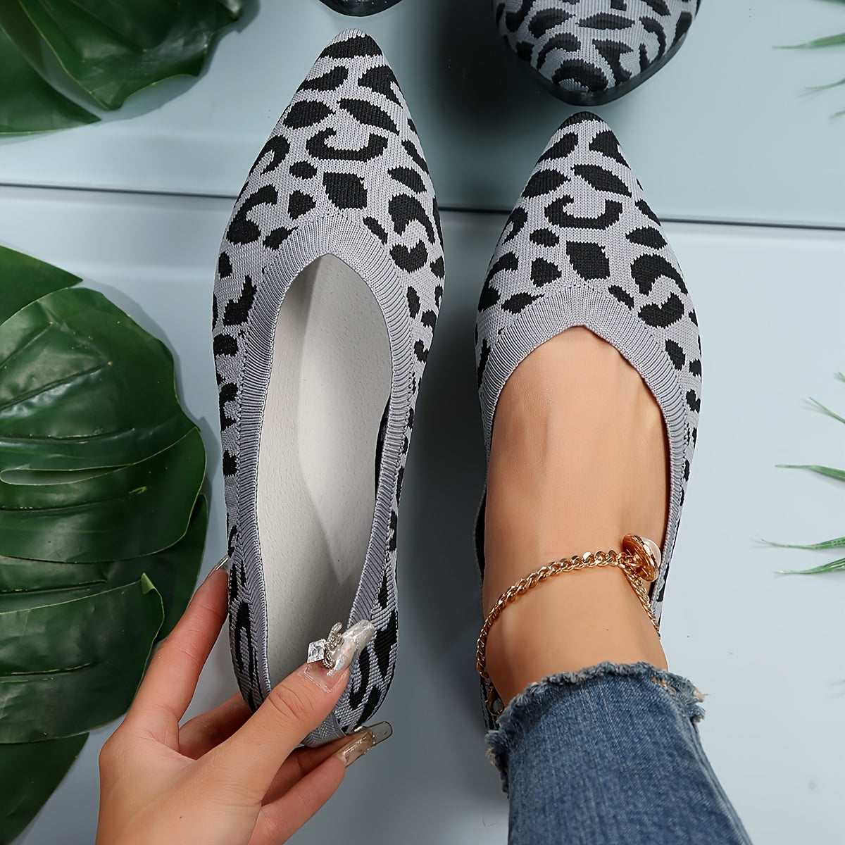 Women's leopard print flat shoes by Jungle Line with pointed toe, slip-on design, lightweight casual footwear.