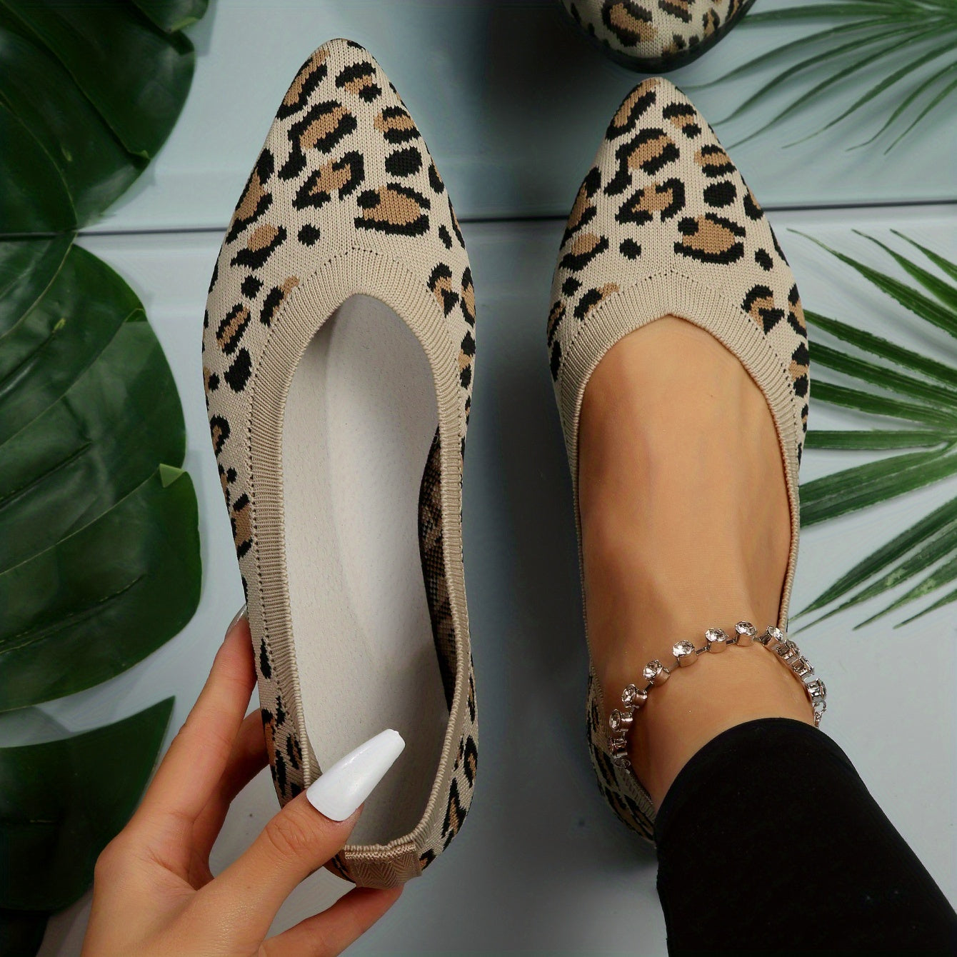 Women's Leopard Print Flat Shoes by Jungle Line featuring pointed toe, slip-on design and lightweight casual comfort.