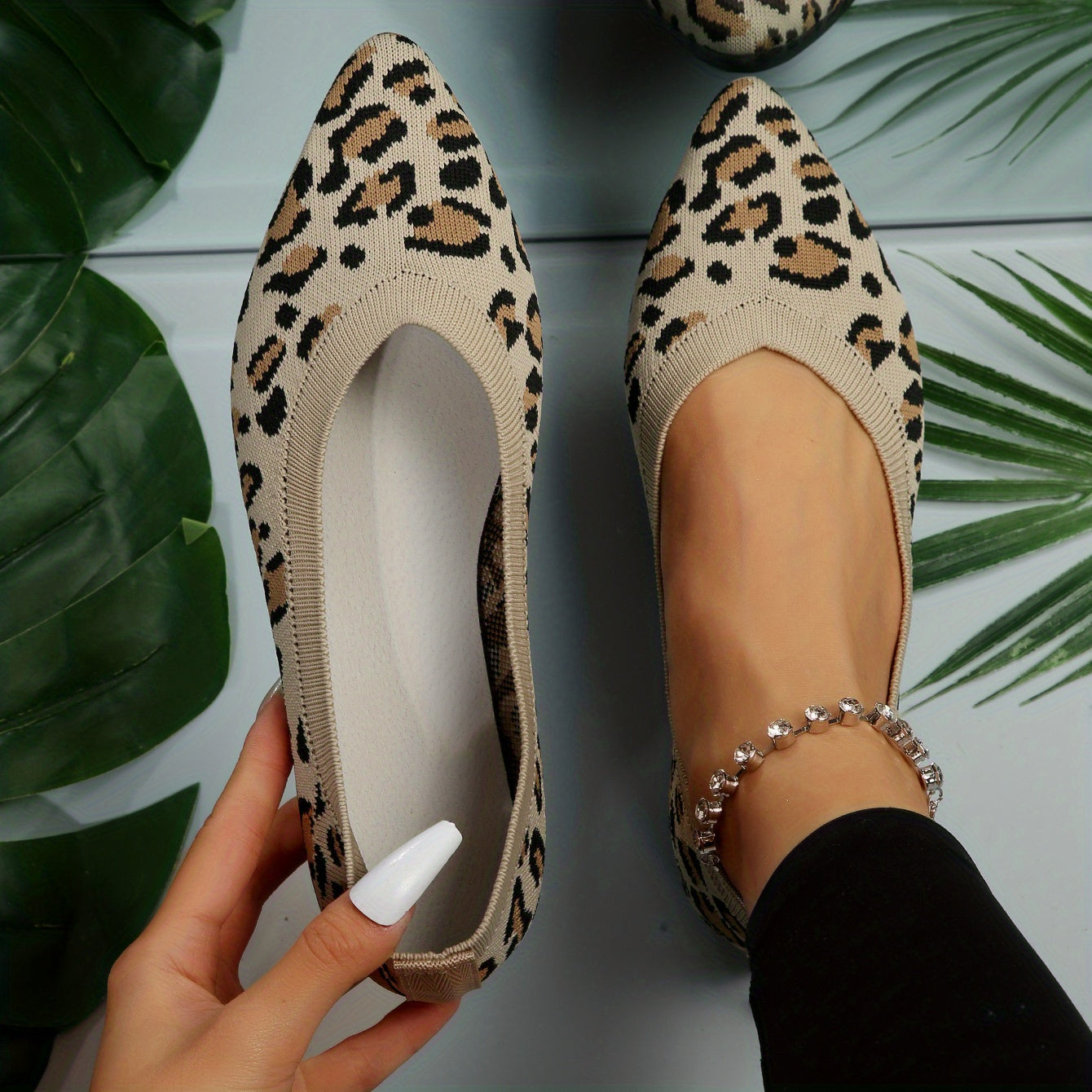 Women's Leopard Print Flat Shoes by Jungle Line, pointed toe slip-on casual flats, lightweight and comfortable for everyday wear.