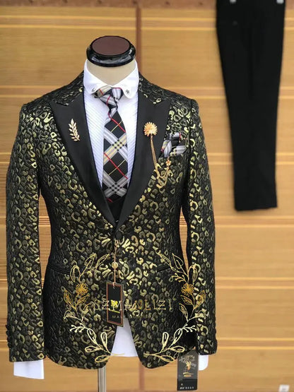 Costume homme Jungle Line costume de mariage luxe en or léopard, costume trois pièces ajusté avec revers en pointe, tenue formelle élégante