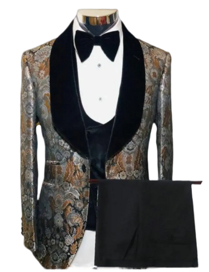 Costume de costume homme Jungle Line en or léopard, costume slim fit avec revers pointus, idéal pour mariage ou événements formels.