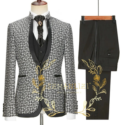 Costume de smoking homme Jungle Line en or léopard, costume slim fit avec revers crantés, blazer, pantalon et veste de marié.