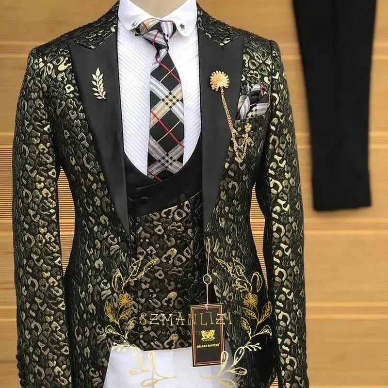 Costume homme Jungle Line, costume de smoking luxe en or léopard, costume 3 pièces ajusté avec revers crantés, costume de cérémonie élégant