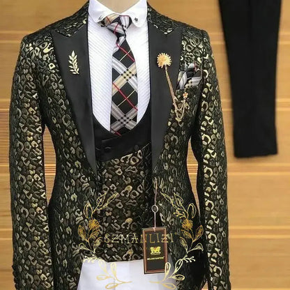 Costume homme Jungle Line, costume de smoking luxe en or léopard, costume 3 pièces ajusté avec revers crantés, costume de cérémonie élégant