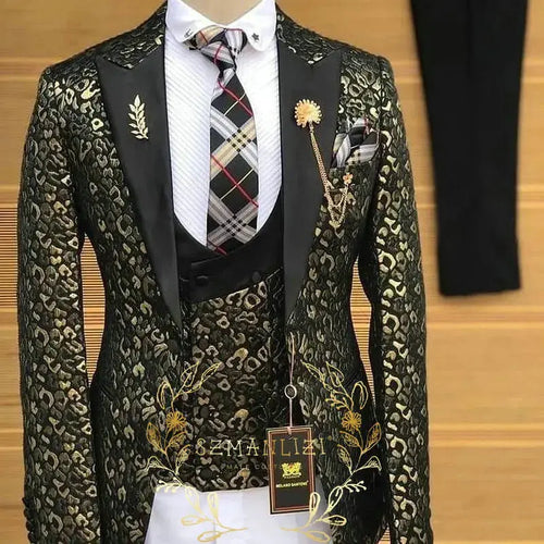 Costume homme Jungle Line, costume de smoking luxe en or léopard, costume 3 pièces ajusté avec revers crantés, costume de cérémonie élégant
