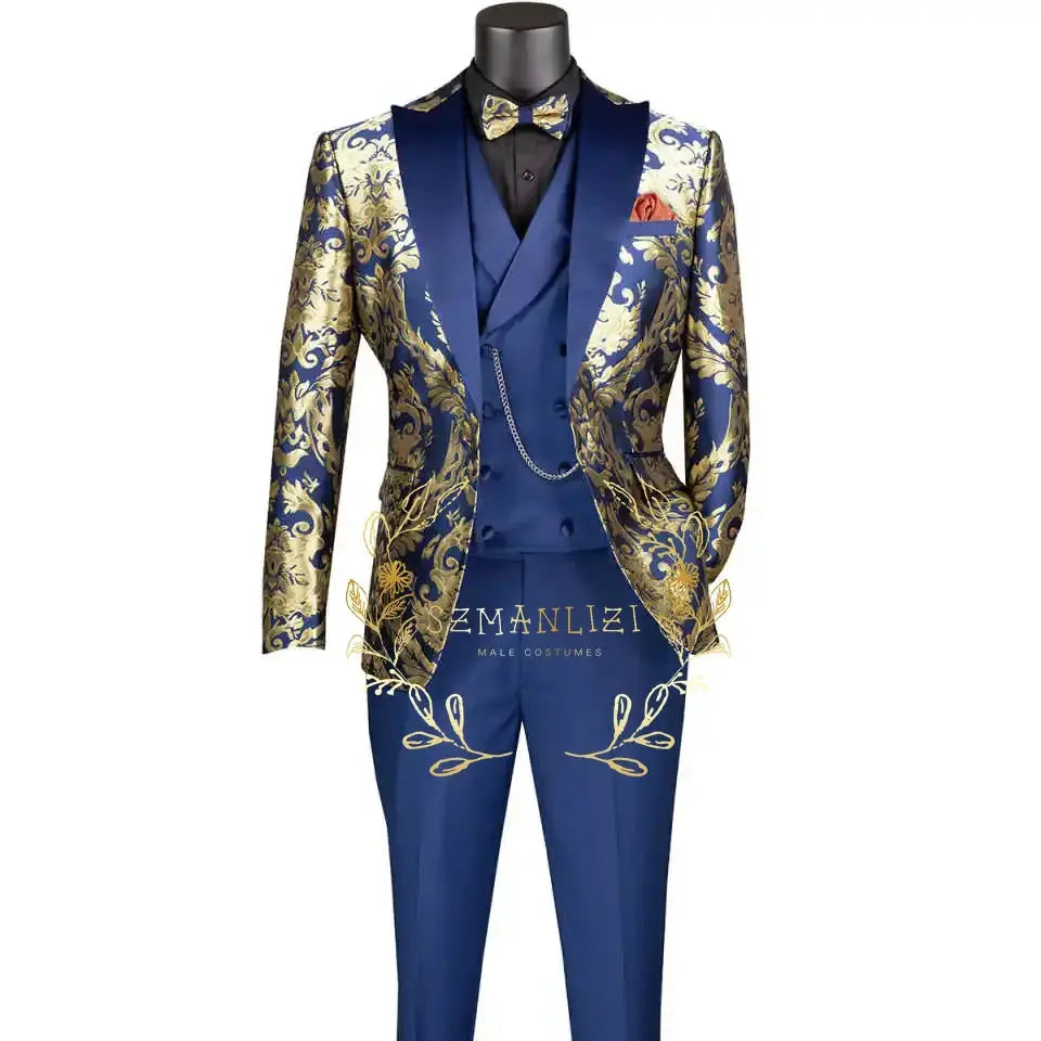 Costume homme Jungle Line costume de mariage en or léopard, costume slim fit avec revers crantés, tuxedo formel 3 pièces.