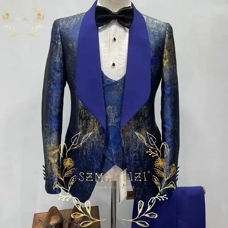 Costume homme Jungle Line, costume de mariage élégant en or à motif léopard, costume slim fit avec veste à col peak, 3 pièces.