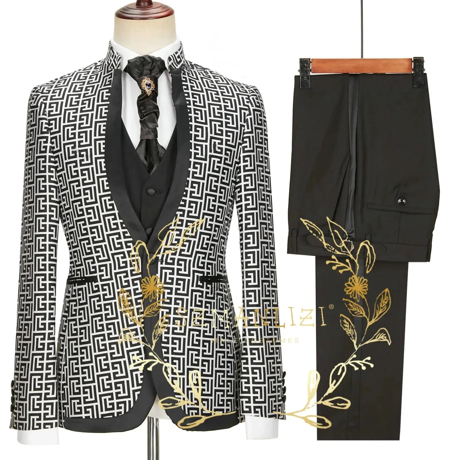 Costume homme Jungle Line, costume tuxedo slim fit orné de léopard doré, blazer formel à revers pointus pour mariage ou soirée.