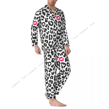 Men Pajama Sets Black And White Leopard Texture Jungle Line