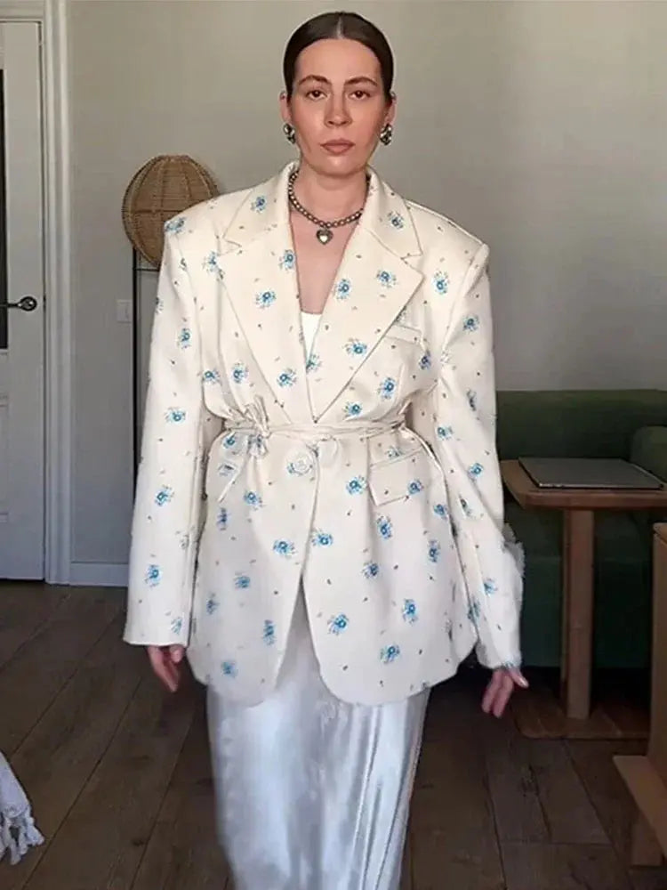 Veste blazer pour femmes Jungle Line, coupe longue à épaulettes, à rayures florales, manches longues, style streetwear.