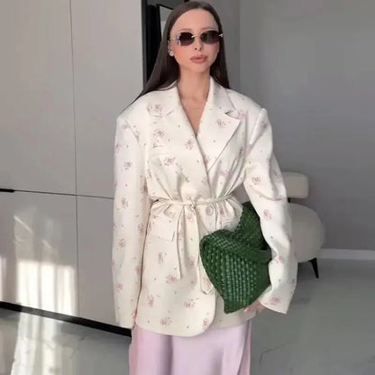 Veste blazer femme Jungle Line à fleurs, manches longues, épaulettes, double boutonnage, style street, idéale pour printemps et fêtes.