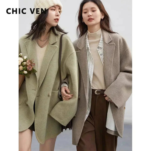 Jungle Line women's banana green woolen coat, loose casual double-breasted wool jacket for office and autumn winter 2023.