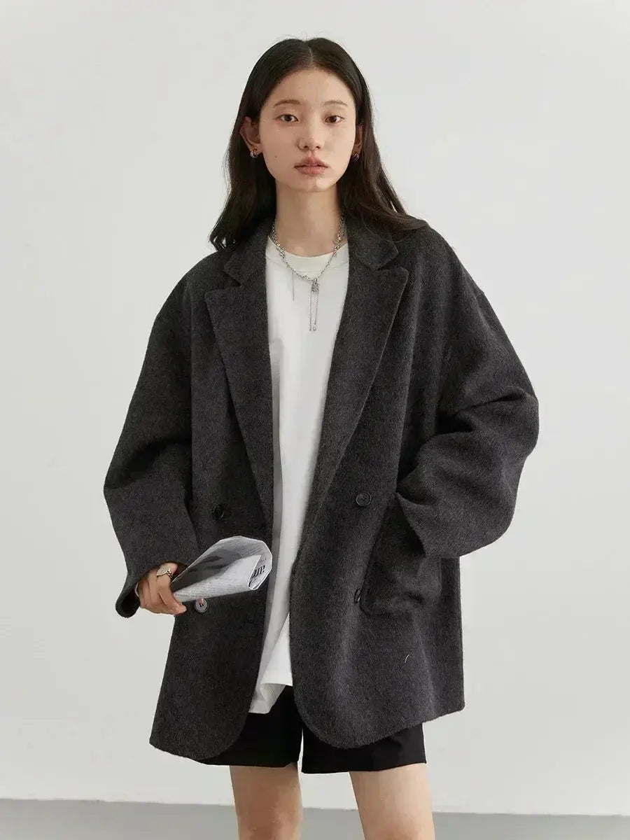 Jungle Line women's woolen coat in banana green, loose casual double-breasted design, suitable for autumn and winter outdoor wear.