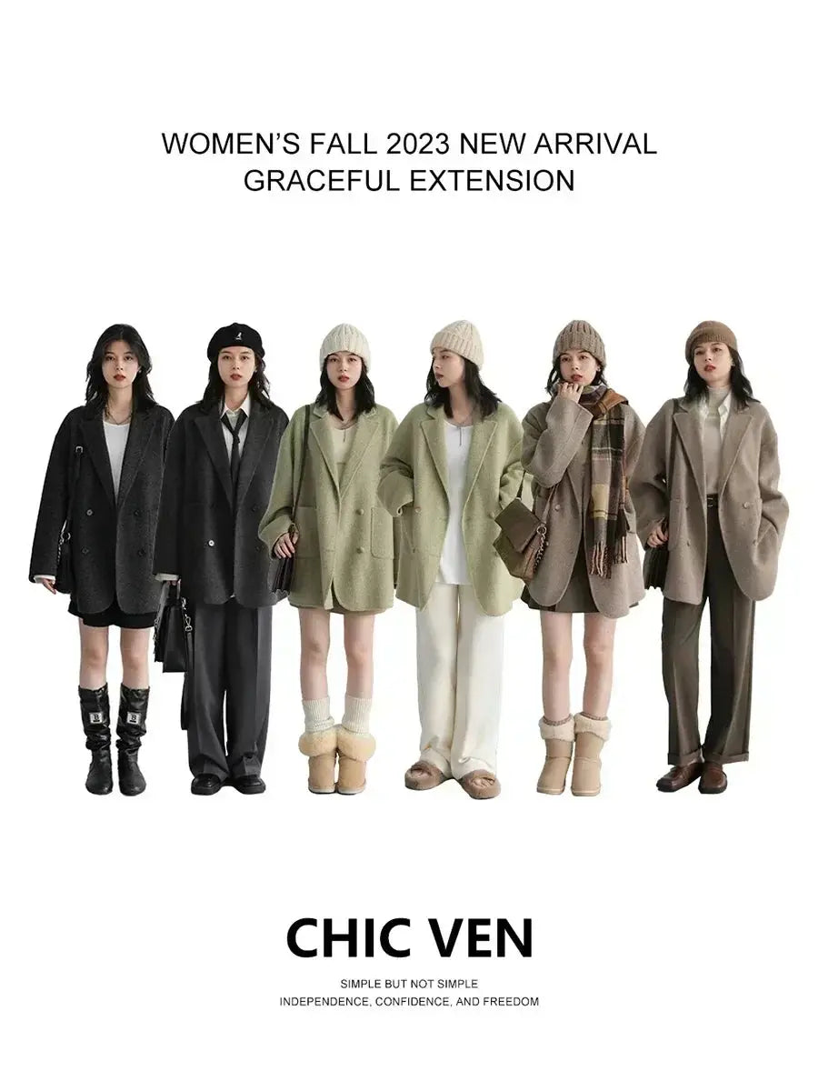 Jungle Line women's woolen coat in banana green, loose fit, double-breasted, retro style, suitable for autumn and winter.