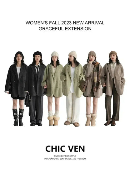 Jungle Line women's woolen coat in banana green, loose fit, double-breasted, retro style, suitable for autumn and winter.