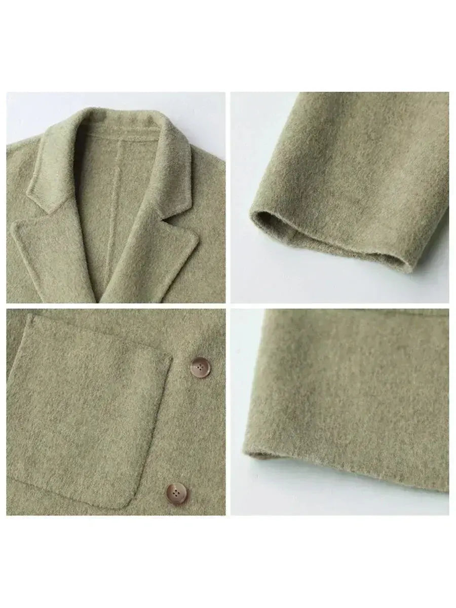 Banana green women's woolen coat by Jungle Line, loose casual double-breasted retro jacket for autumn winter 2023.