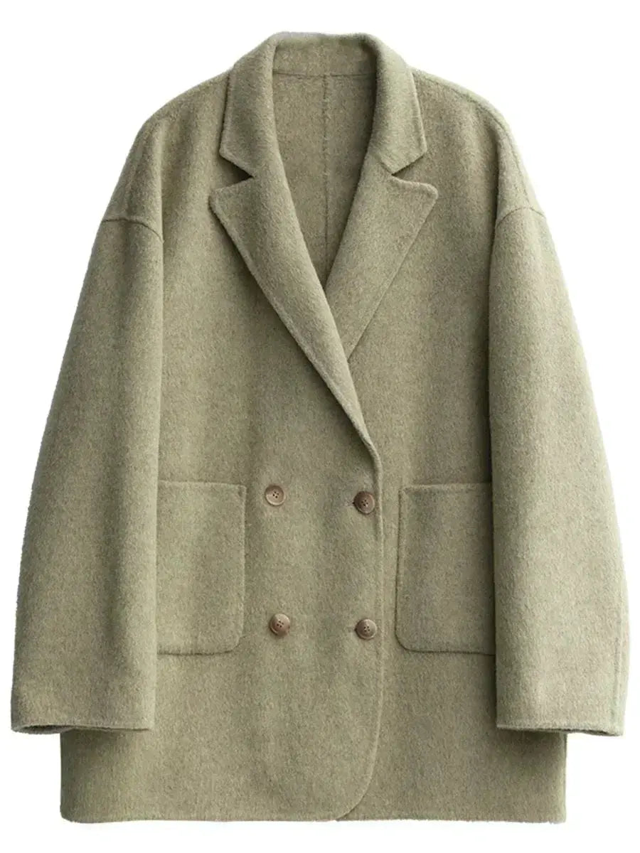 Jungle Line women's banana green woolen coat, loose casual double-breasted retro jacket, suitable for office and winter wear.