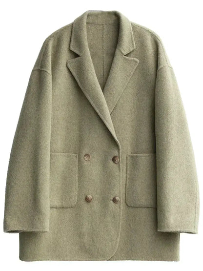 Jungle Line women's banana green woolen coat, loose casual double-breasted retro jacket, suitable for office and winter wear.