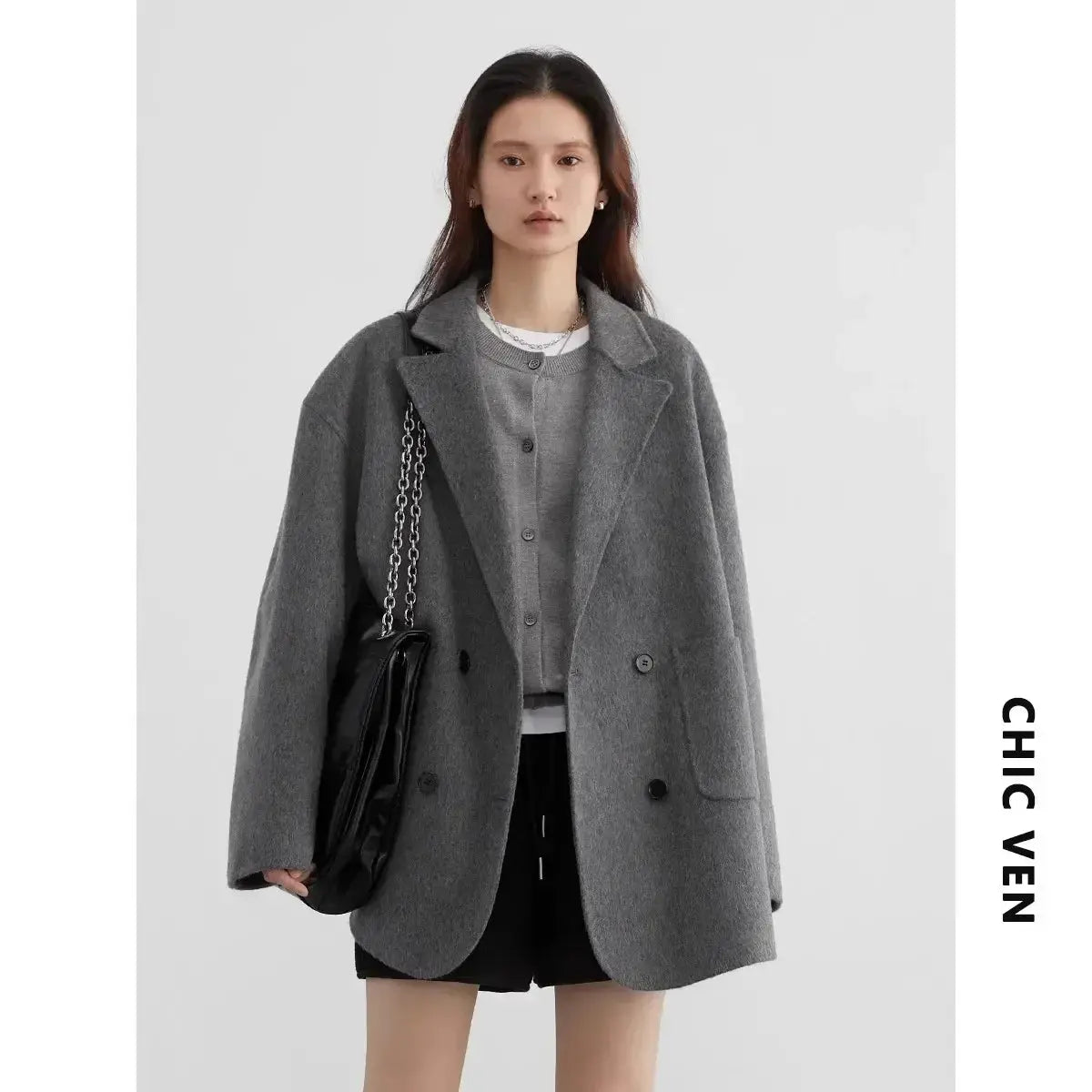 Jungle Line women's banana green woolen coat, loose casual double-breasted retro jacket for autumn winter 2023.