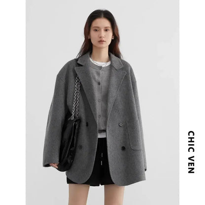 Jungle Line women's banana green woolen coat, loose casual double-breasted retro jacket for autumn winter 2023.