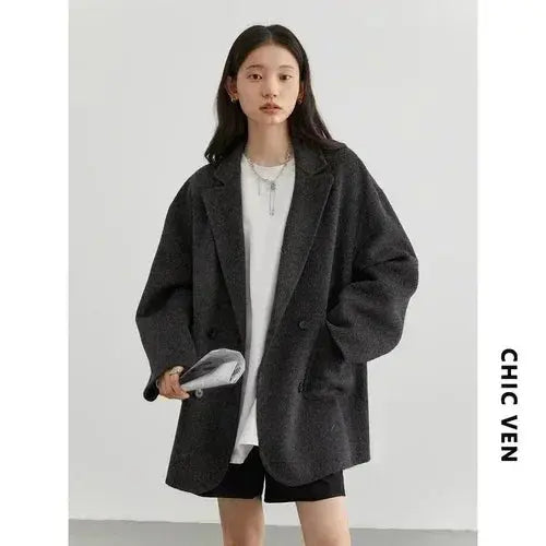 Jungle Line women's banana-green woolen coat with double-breasted design, loose fit, casual and office outerwear for autumn winter 2023.