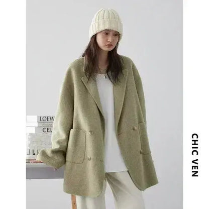 Jungle Line women's banana green woolen coat, loose double-breasted casual jacket, retro style, suitable for autumn and winter.
