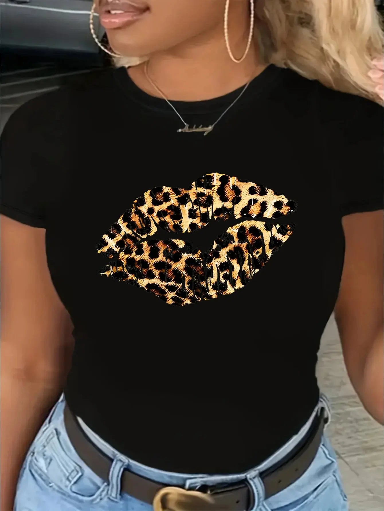 Women's Leopard Lip Graphic T-Shirt Casual Short Sleeve Crew Top Women Tshirt Streetwear Tees Tops - Jungle Line