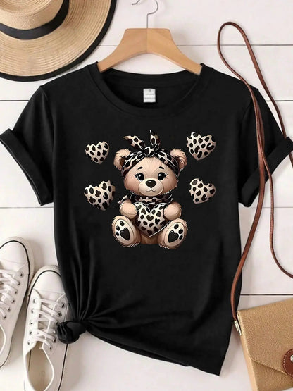Leopard bear pattern round neck plus size women T-shirt - Jungle Line