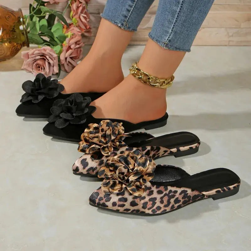 Black leopard print Baotou slippers by Jungle Line, plus size, perfect for summer comfort and casual wear.