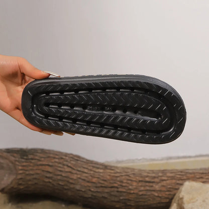 Black leopard print summer women's slippers with thick soles, indoor shower slides, beach sandals, versatile and stylish by Jungle Line.