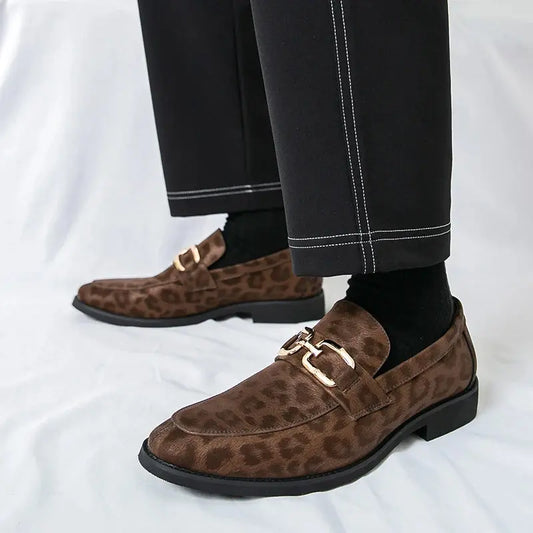 Men's Casual Leopard Print Pointed Toe Leather Slip-On Loafers Business Dress Shoes New 2025 Design Comfortable Leather Footwear - Jungle Line