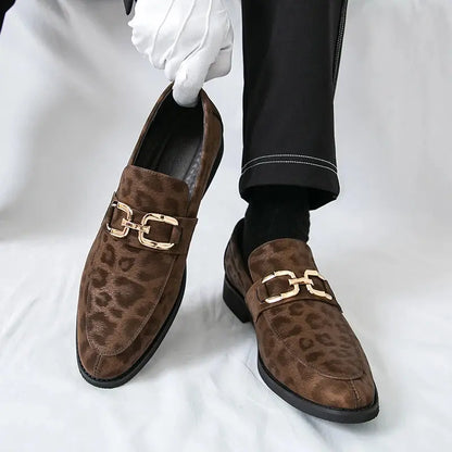 Men's Casual Leopard Print Pointed Toe Leather Slip-On Loafers Business Dress Shoes New 2025 Design Comfortable Leather Footwear - Jungle Line