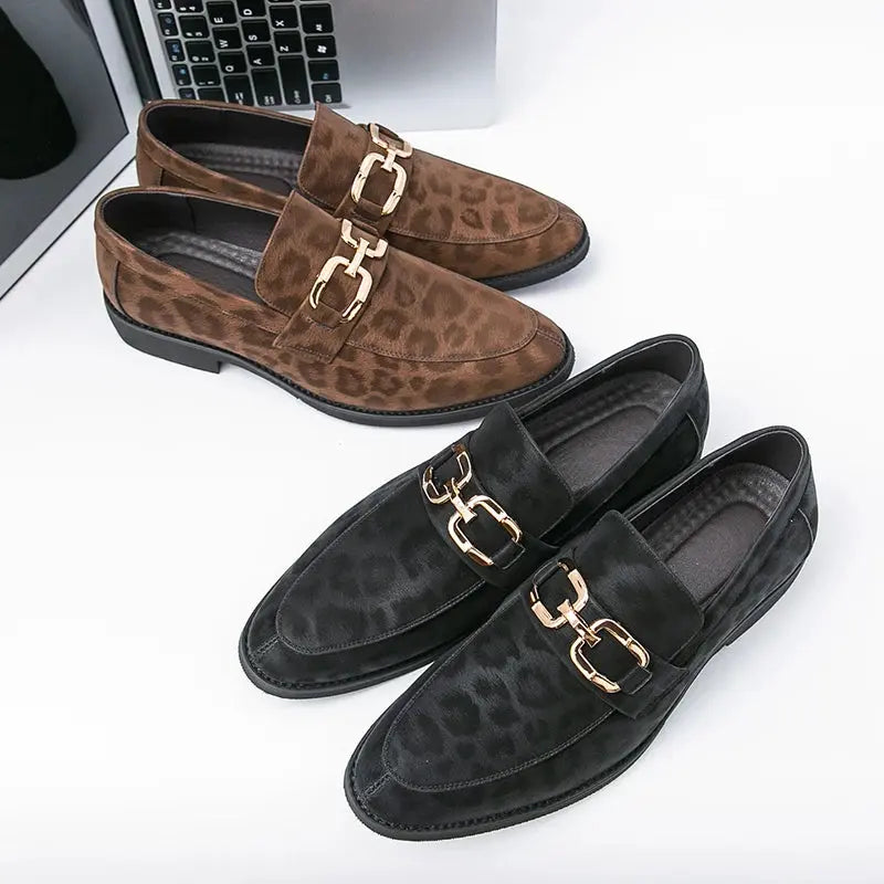 Men's Casual Leopard Print Pointed Toe Leather Slip-On Loafers Business Dress Shoes New 2025 Design Comfortable Leather Footwear - Jungle Line