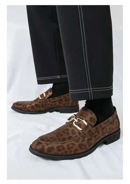 Men's Casual Leopard Print Pointed Toe Leather Slip-On Loafers Business Dress Shoes New 2025 Design Comfortable Leather Footwear - Jungle Line
