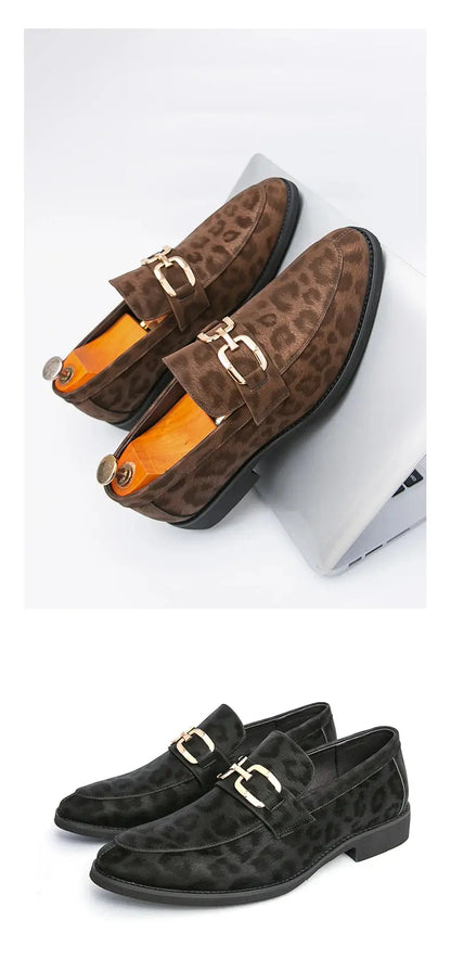 Men's Casual Leopard Print Pointed Toe Leather Slip-On Loafers Business Dress Shoes New 2025 Design Comfortable Leather Footwear - Jungle Line