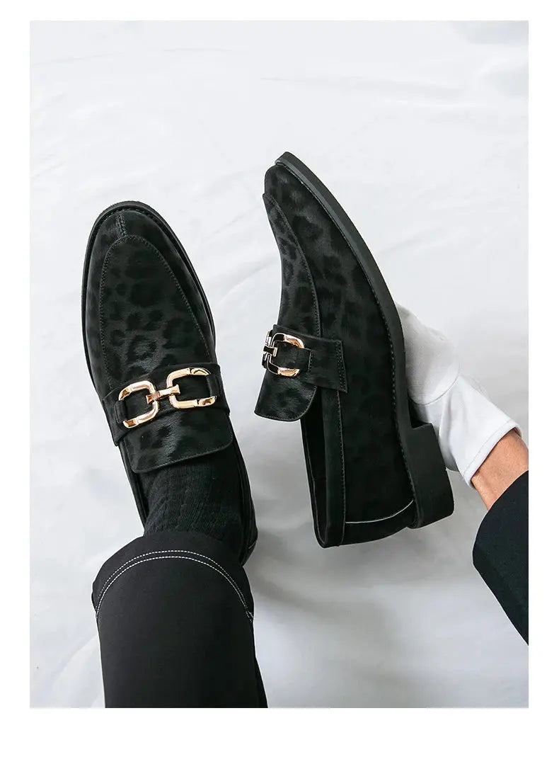 Men's Casual Leopard Print Pointed Toe Leather Slip-On Loafers Business Dress Shoes New 2025 Design Comfortable Leather Footwear - Jungle Line