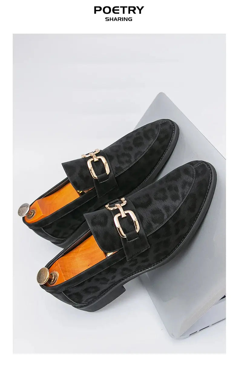 Men's Casual Leopard Print Pointed Toe Leather Slip-On Loafers Business Dress Shoes New 2025 Design Comfortable Leather Footwear - Jungle Line