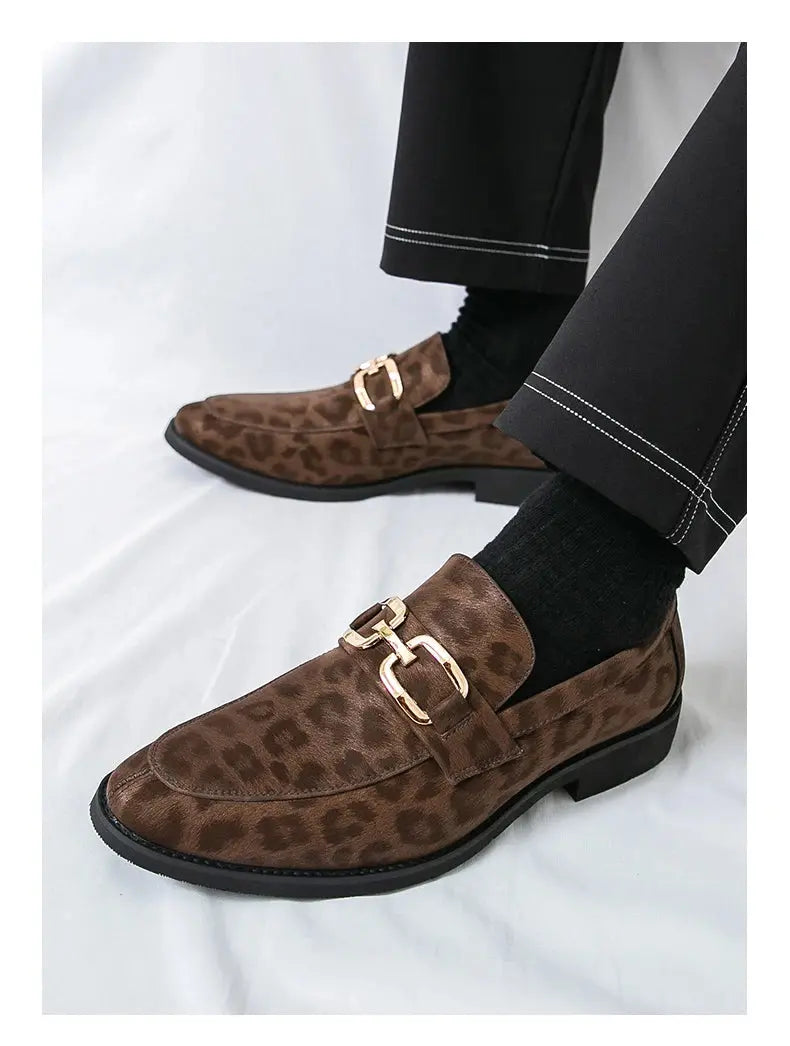 Men's Casual Leopard Print Pointed Toe Leather Slip-On Loafers Business Dress Shoes New 2025 Design Comfortable Leather Footwear - Jungle Line