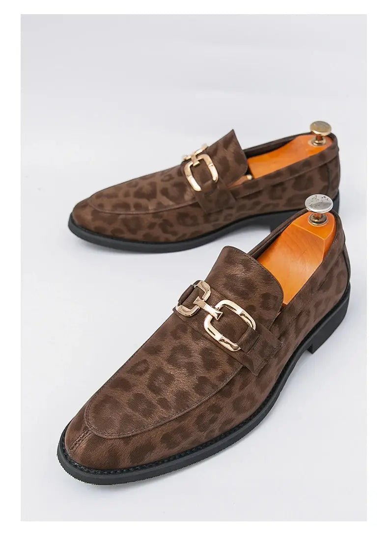 Men's Casual Leopard Print Pointed Toe Leather Slip-On Loafers Business Dress Shoes New 2025 Design Comfortable Leather Footwear - Jungle Line