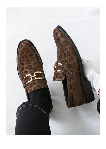 Men's Casual Leopard Print Pointed Toe Leather Slip-On Loafers Business Dress Shoes New 2025 Design Comfortable Leather Footwear - Jungle Line