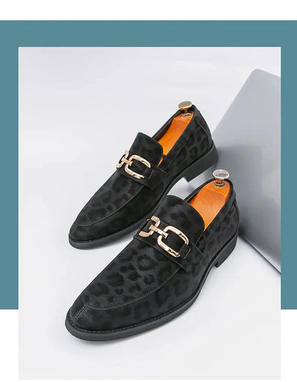 Men's Casual Leopard Print Pointed Toe Leather Slip-On Loafers Business Dress Shoes New 2025 Design Comfortable Leather Footwear - Jungle Line