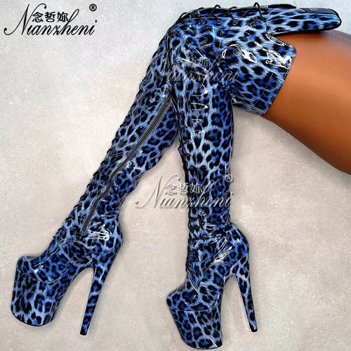Blue leopard 20cm over the Knee Long Boots Platform 8inch High Heels Pole Dance Shoes Exotic Stripper Clubbing Lace Up thin legs - Jungle Line
