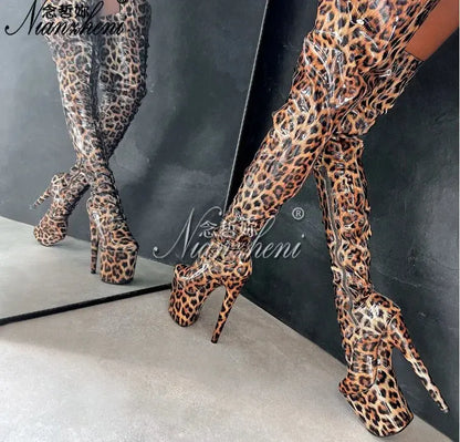 Blue leopard 20cm over the Knee Long Boots Platform 8inch High Heels Pole Dance Shoes Exotic Stripper Clubbing Lace Up thin legs - Jungle Line
