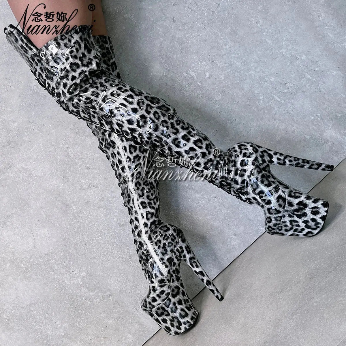 Blue leopard 20cm over the Knee Long Boots Platform 8inch High Heels Pole Dance Shoes Exotic Stripper Clubbing Lace Up thin legs - Jungle Line