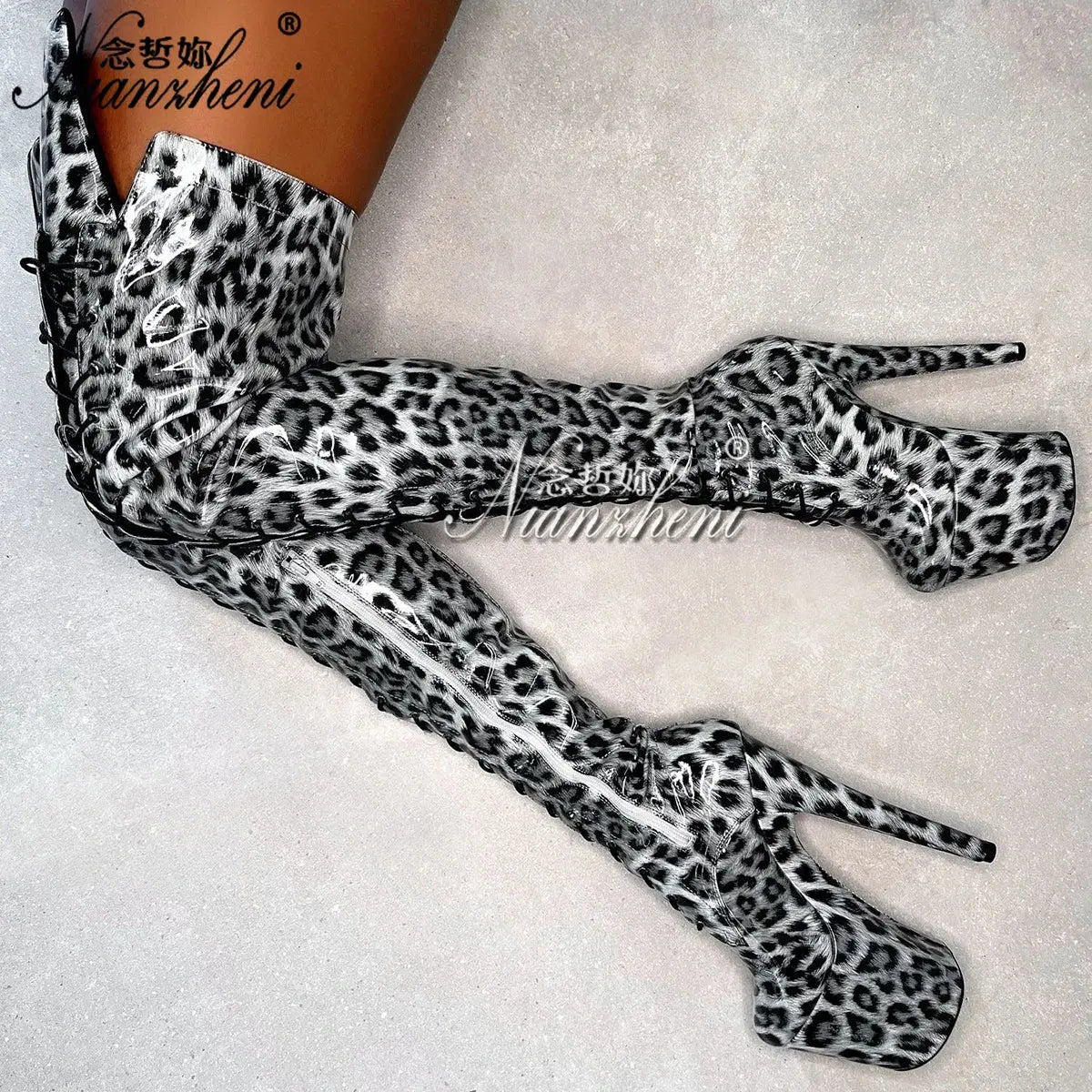 Blue leopard 20cm over the Knee Long Boots Platform 8inch High Heels Pole Dance Shoes Exotic Stripper Clubbing Lace Up thin legs - Jungle Line
