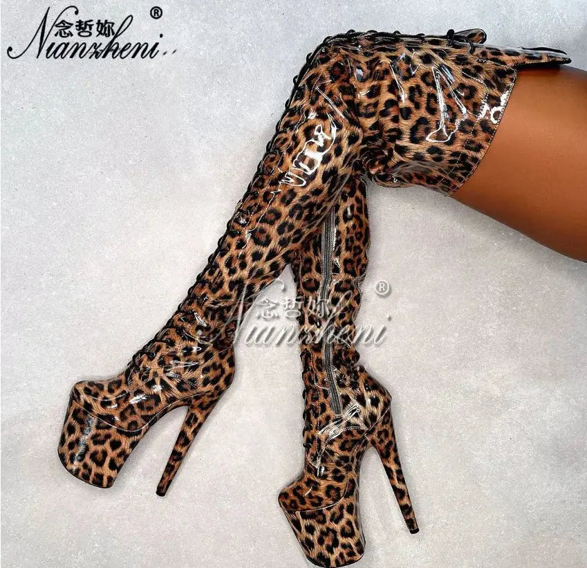 Blue leopard 20cm over the Knee Long Boots Platform 8inch High Heels Pole Dance Shoes Exotic Stripper Clubbing Lace Up thin legs - Jungle Line