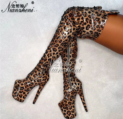 Blue leopard 20cm over the Knee Long Boots Platform 8inch High Heels Pole Dance Shoes Exotic Stripper Clubbing Lace Up thin legs - Jungle Line