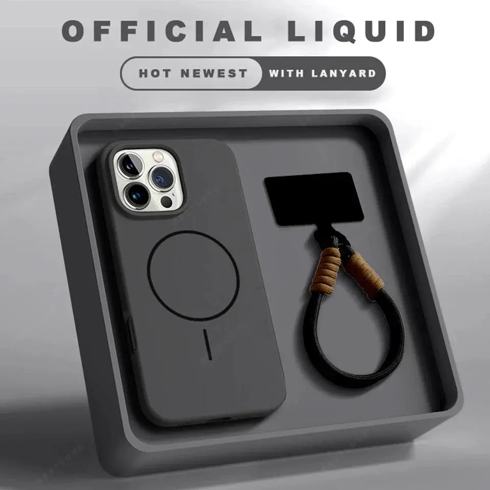 Jungle Line black silicone magnetic phone case for iPhone 15, 14, 16 Plus, 11, 12, 13, 16 Pro Max with MagSafe strap and lanyard attachment.