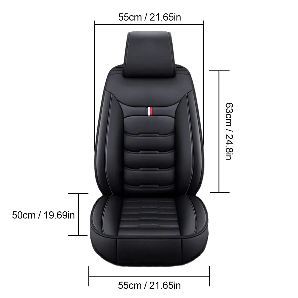 Black Jungle Line universal PU leather front car seat cover showing smooth texture and snug fit on vehicle seat.