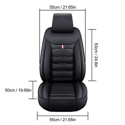 Black Jungle Line universal PU leather front car seat cover showing smooth texture and snug fit on vehicle seat.